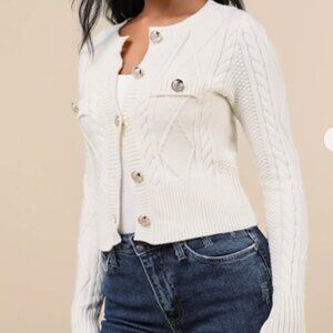 Luxe Composure Ivory Cable Knit Long Sleeve Cardigan Sweater Lulus - MEDIUM